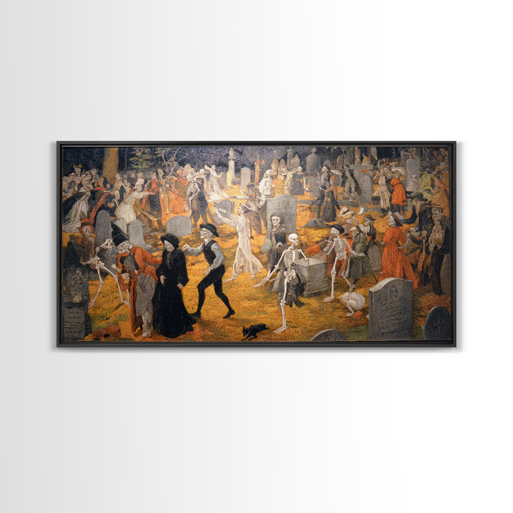The Graveyard Dance, Danse Macabre Art, Wide Panoramic Art, Macabre Wall Art, Canvas Print, Halloween Wall Art