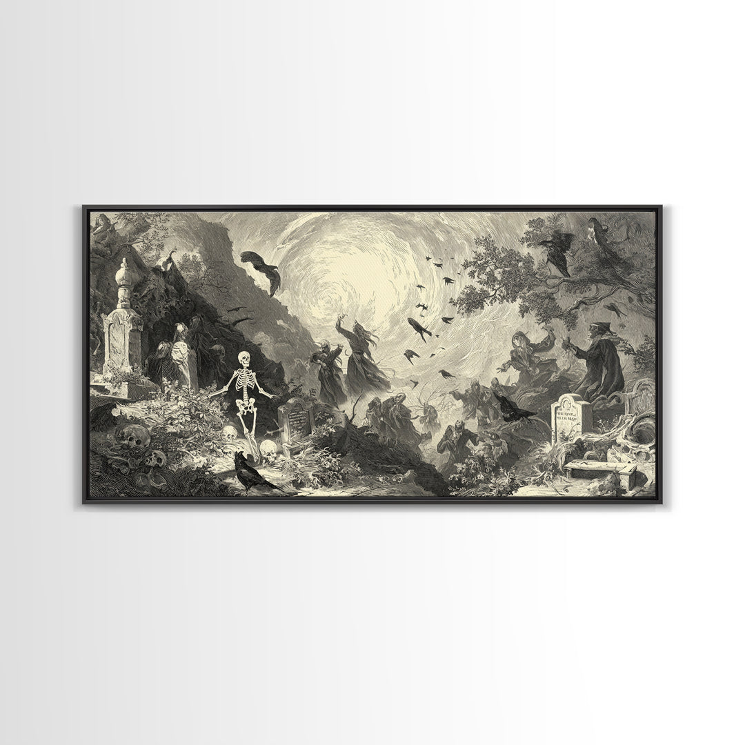 The Graveyard Dance, Baroque Witchcraft Art, Wide Panoramic Art, Gothic Horror Wall Art, Framed Canvas Print, Halloween Wall Art