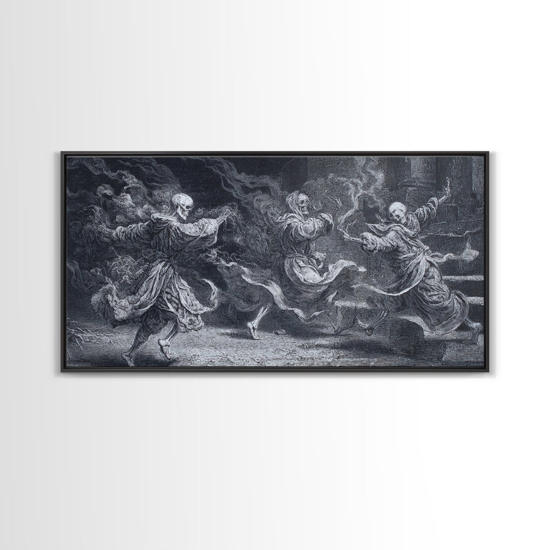 The Graveyard Dance, Architectural Etching Art, Wide Panoramic Art, Gothic Horror Wall Art, Framed Canvas Print