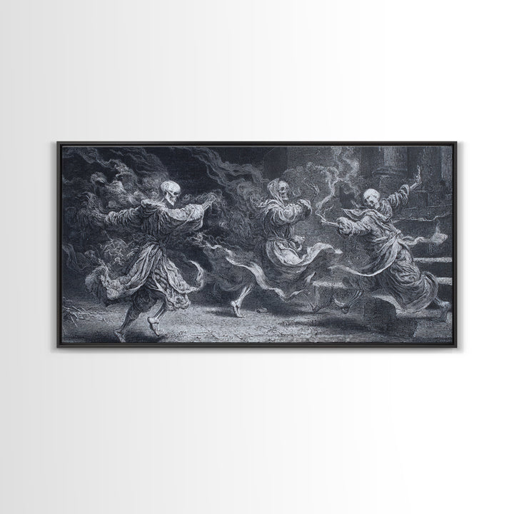 The Graveyard Dance, Architectural Etching Art, Wide Panoramic Art, Gothic Horror Wall Art, Framed Canvas Print