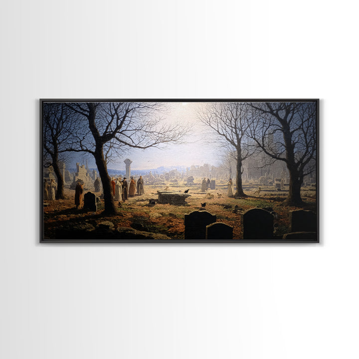The Graveyard Dance, Romantic Gothic Landscape, Wide Panoramic Art, Dark Fantasy Wall Art, Canvas Print, Halloween Wall Art
