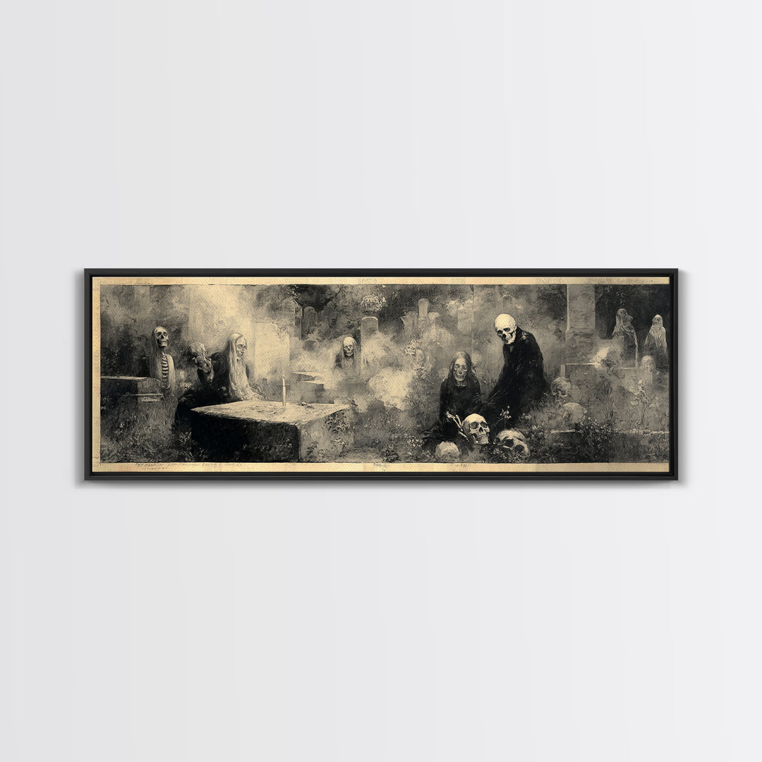 The Graveyard Dance, Symbolist Dream Art, Extra Wide Wall Art, Gothic Horror Wall Art, Framed Canvas Print, Halloween Wall Art