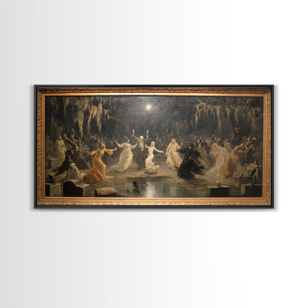 The Graveyard Dance, Symbolist Gothic Landscape, Wide Panoramic Art, Macabre Wall Art, Framed Canvas Print, Halloween Wall Art