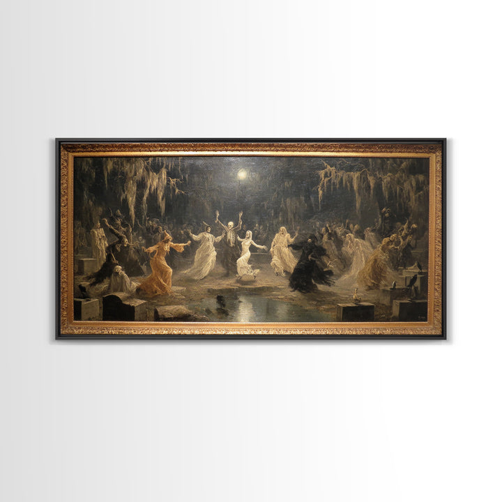The Graveyard Dance, Symbolist Gothic Landscape, Wide Panoramic Art, Macabre Wall Art, Framed Canvas Print, Halloween Wall Art