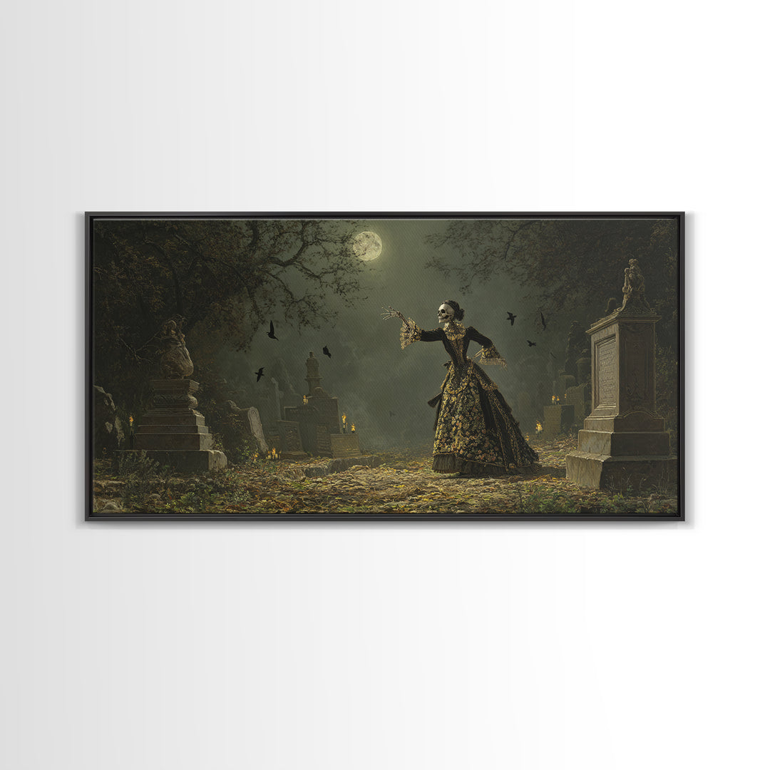 The Graveyard Dance, Ornate Symbolist Art, Wide Panoramic Art, Dark Fantasy Wall Art, Canvas Print, Halloween Wall Art