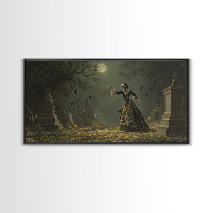 The Graveyard Dance, Ornate Symbolist Art, Wide Panoramic Art, Dark Fantasy Wall Art, Canvas Print, Halloween Wall Art