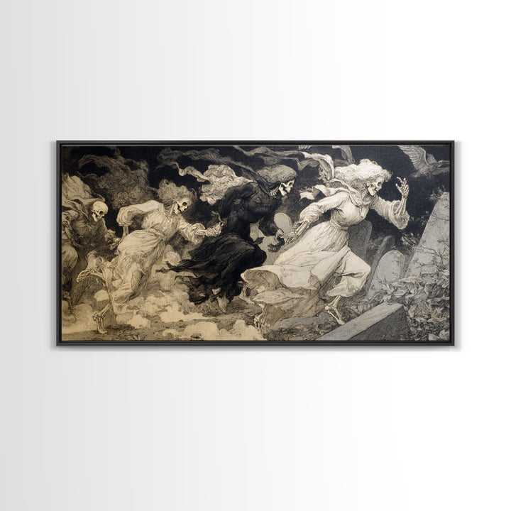 The Graveyard Dance, Decadent Gothic Art, Wide Panoramic Art, Macabre Wall Art, Canvas Print, Halloween Wall Art