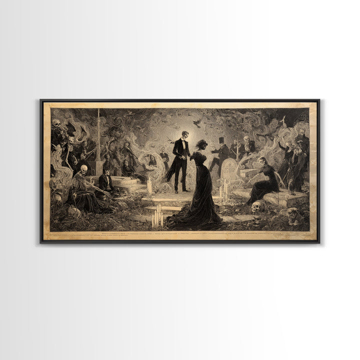 The Graveyard Dance, Dark Symbolist Art, Wide Panoramic Art, Dark Halloween Decor, Framed Canvas Print, Halloween Wall Art