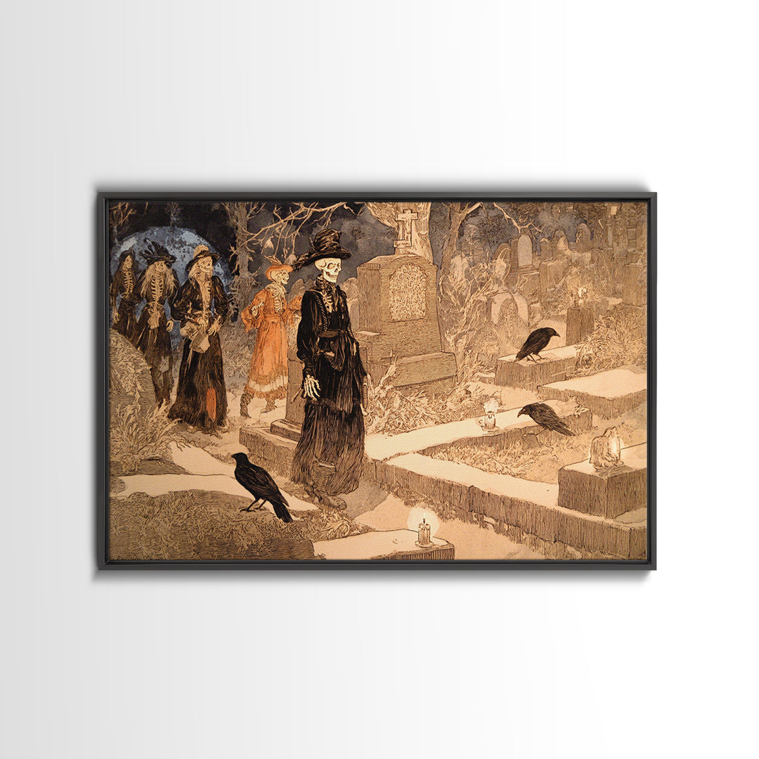 The Graveyard Dance, Symbolist Etching Art, Landscape Wall Art, Gothic Horror Wall Art, Framed Canvas Print, Halloween Wall Art