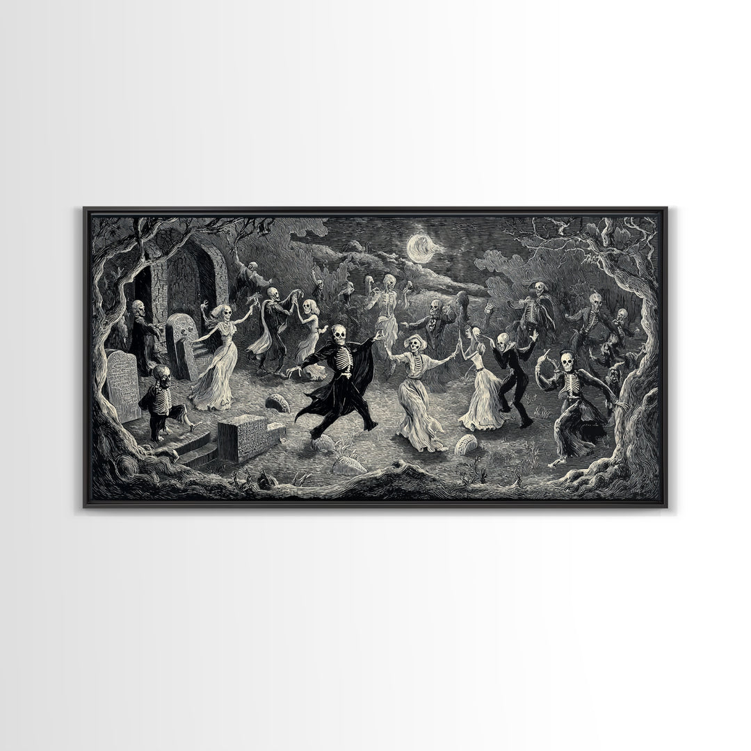 The Graveyard Dance, Expressionist Nightmare Art, Wide Panoramic Art, Dark Fantasy Wall Art, Framed Canvas Print, Halloween Wall Art