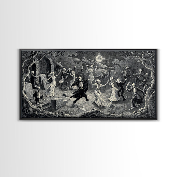 The Graveyard Dance, Expressionist Nightmare Art, Wide Panoramic Art, Dark Fantasy Wall Art, Framed Canvas Print, Halloween Wall Art