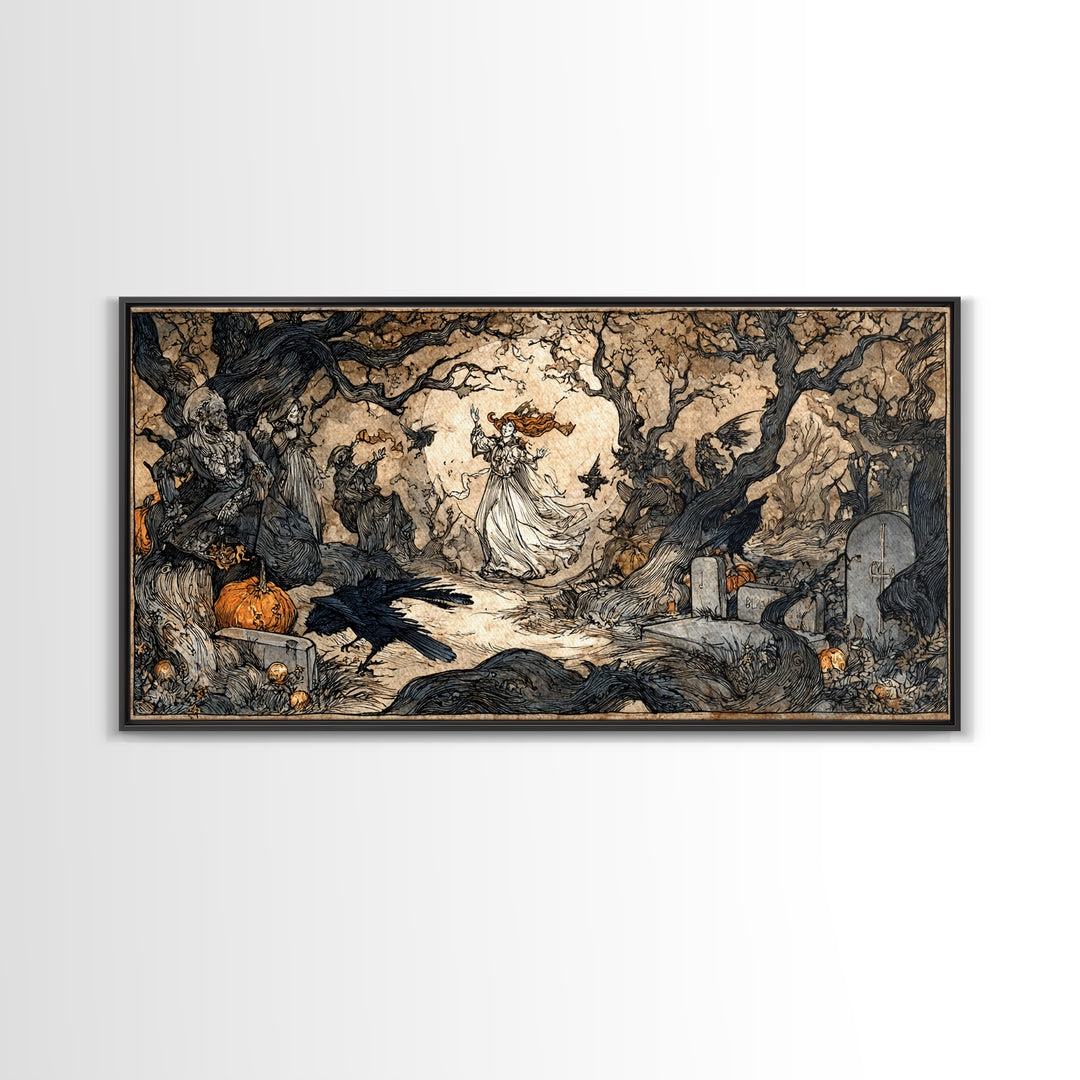 The Graveyard Dance, Gothic Storybook Art, Wide Panoramic Art, Dark Halloween Decor, Canvas Print, Halloween Wall Art