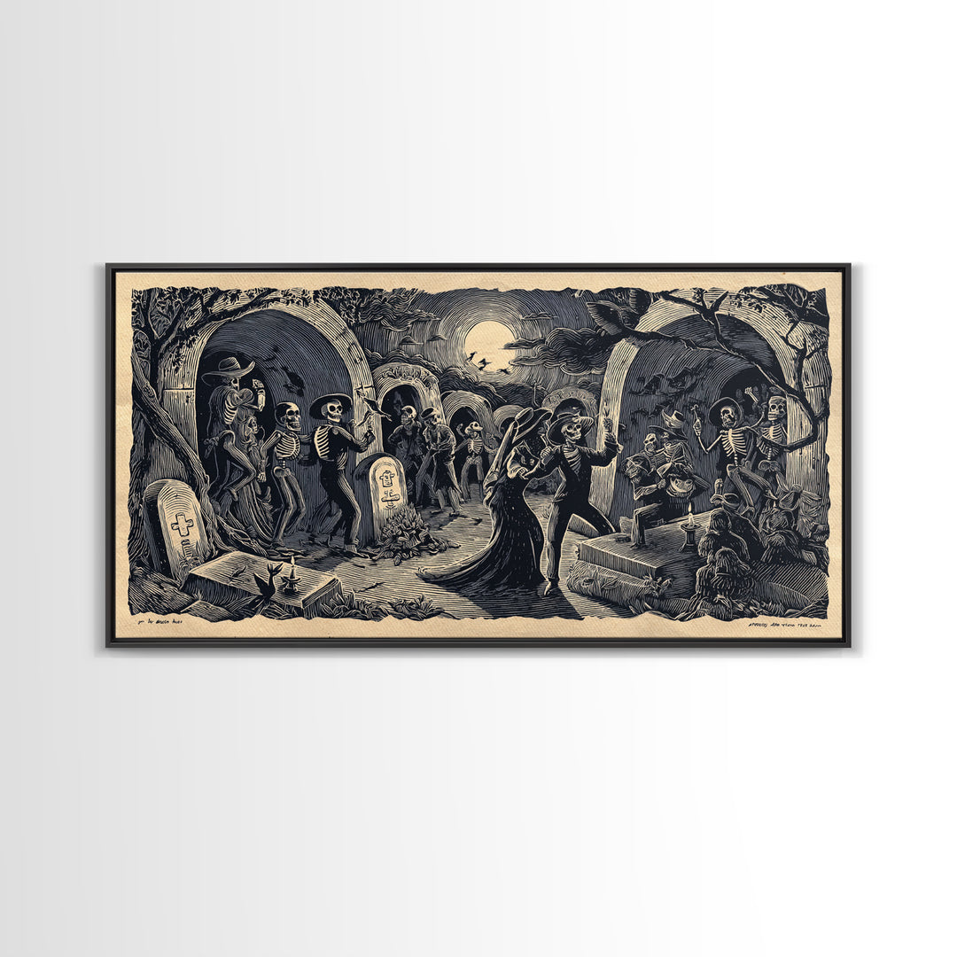 The Graveyard Dance, Macabre Folk Print Art, Wide Panoramic Art, Macabre Wall Art, Canvas Print, Halloween Wall Art