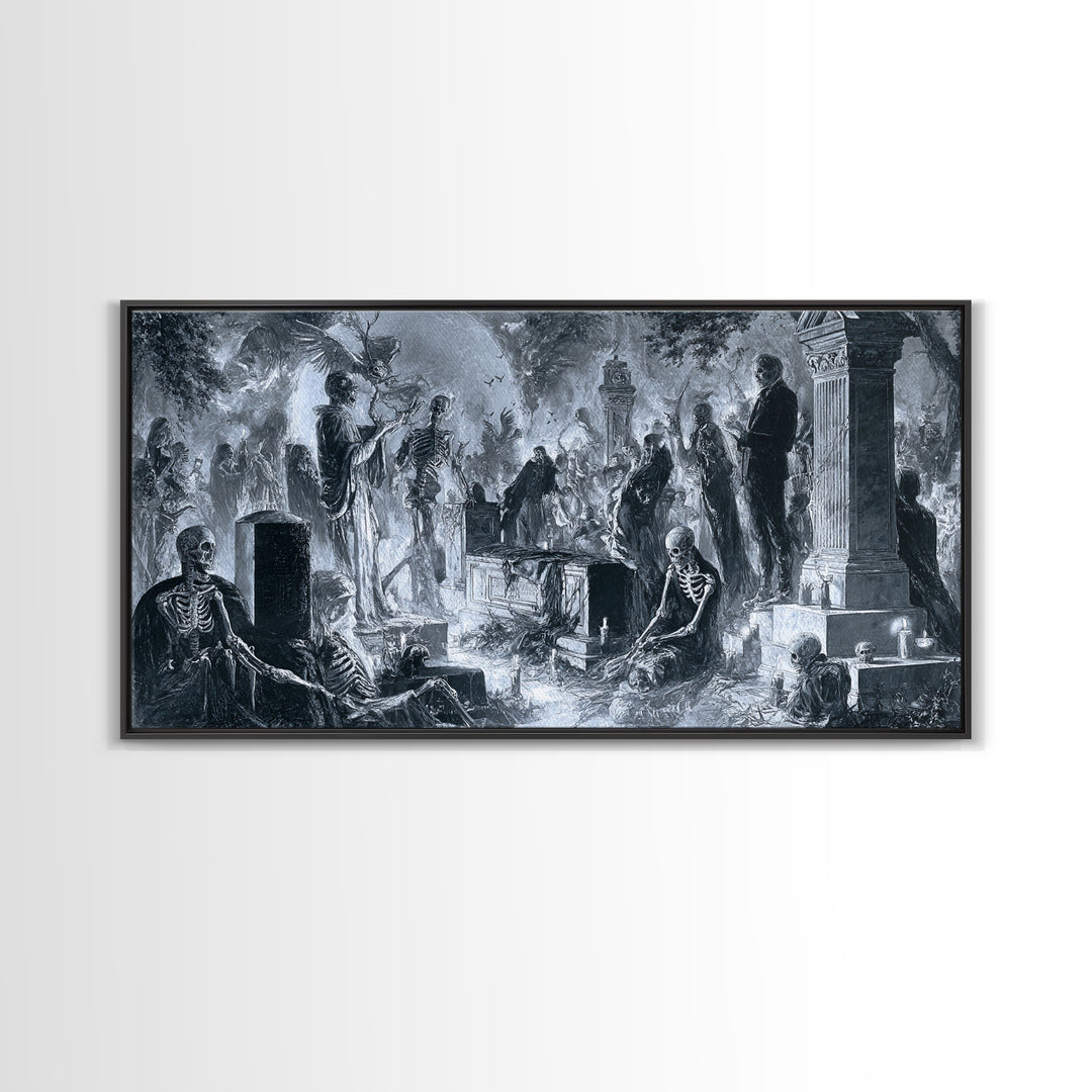 The Graveyard Dance, Biomechanical Horror Art, Wide Panoramic Art, Macabre Wall Art, Framed Canvas Print, Halloween Wall Art
