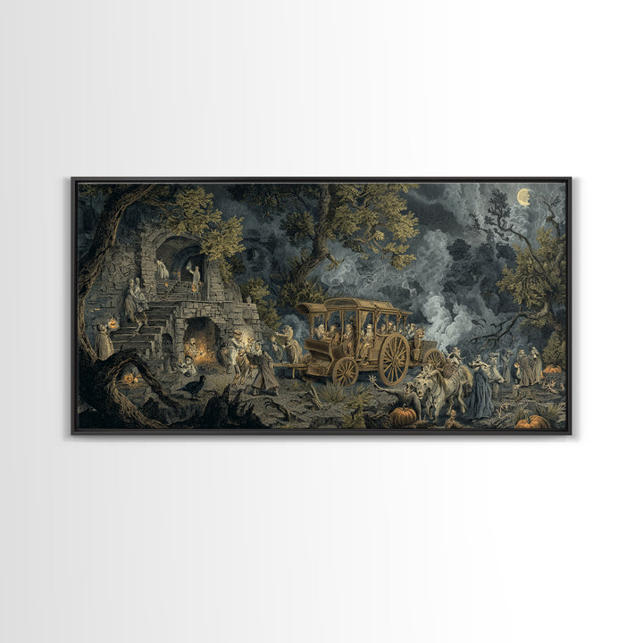 The Haunted Hayride, Architectural Etching Art, Wide Panoramic Art, Dark Fantasy Wall Art, Framed Canvas Print