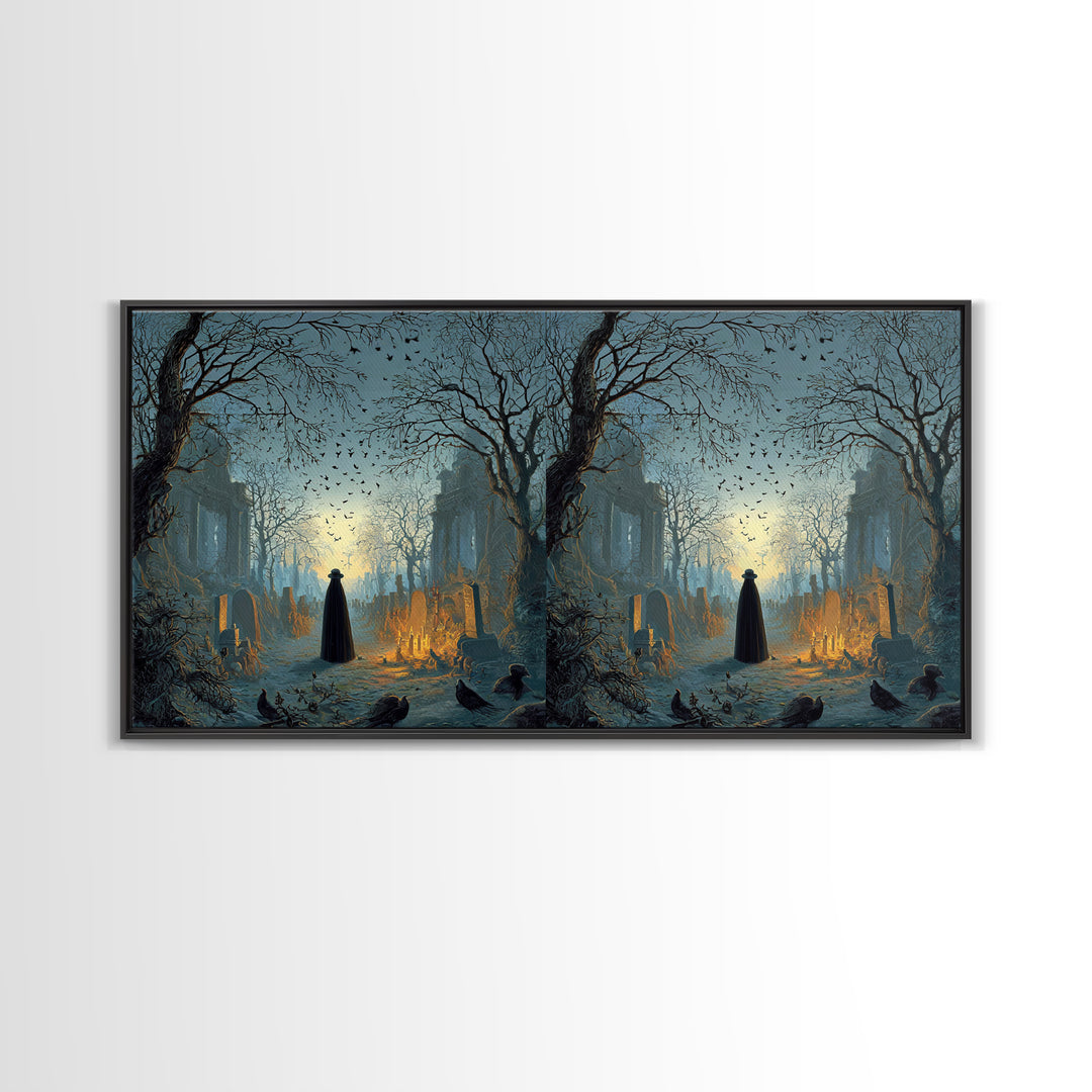 The Haunted Hayride, Romantic Gothic Landscape, Wide Panoramic Art, Dark Fantasy Wall Art, Framed Canvas Print, Halloween Wall Art