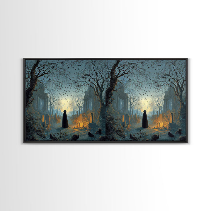 The Haunted Hayride, Romantic Gothic Landscape, Wide Panoramic Art, Dark Fantasy Wall Art, Framed Canvas Print, Halloween Wall Art