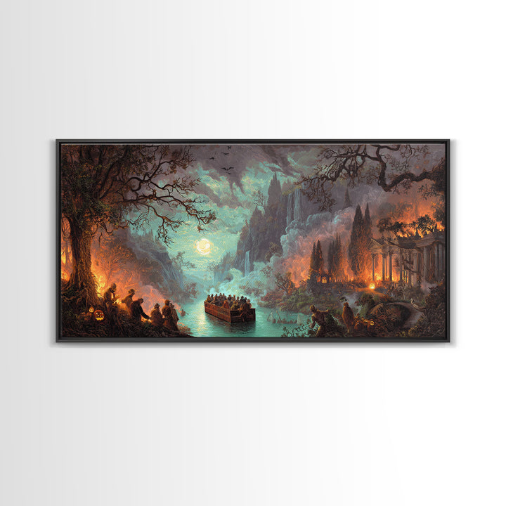 The Haunted Hayride, Apocalyptic Romantic Art, Wide Panoramic Art, Gothic Horror Wall Art, Framed Canvas Print, Halloween Wall Art