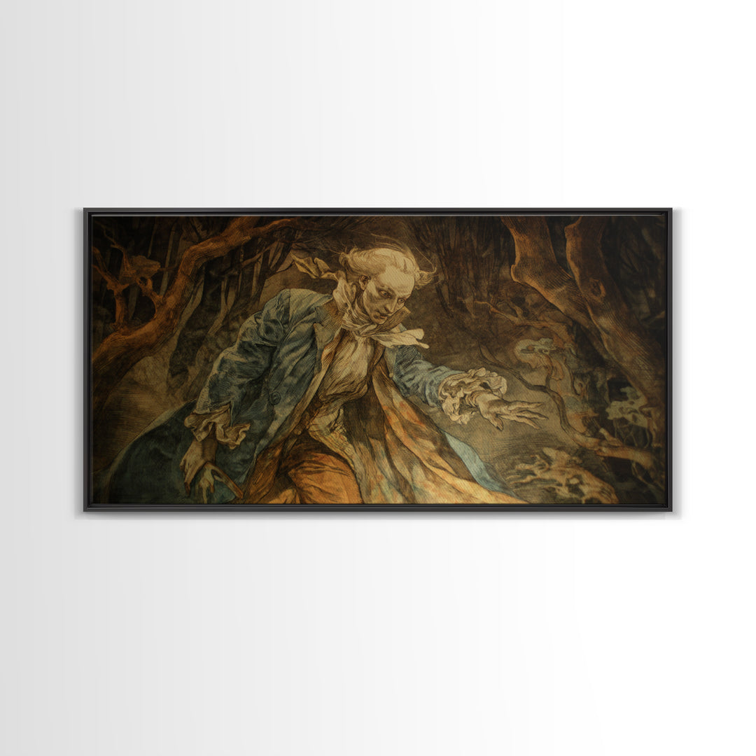 The Haunted Hayride, Ornate Symbolist Art, Wide Panoramic Art, Gothic Horror Wall Art, Framed Canvas Print, Halloween Wall Art