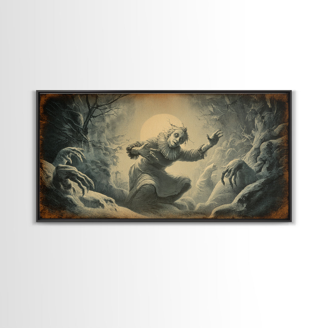 The Haunted Hayride, Expressionist Nightmare Art, Wide Panoramic Art, Macabre Wall Art, Framed Canvas Print, Halloween Wall Art