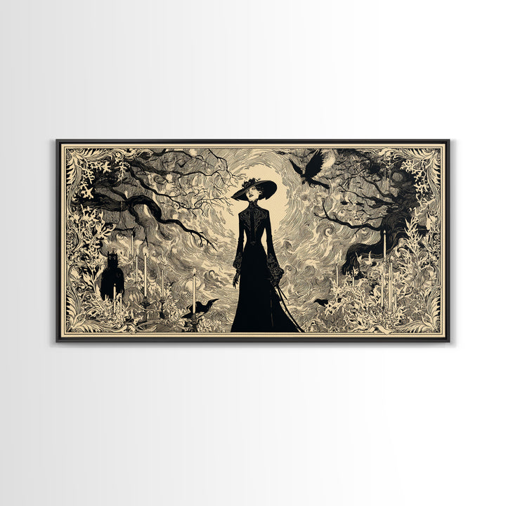 The Haunted Hayride, Decadent Line Art, Wide Panoramic Art, Dark Fantasy Wall Art, Canvas Print, Halloween Wall Art