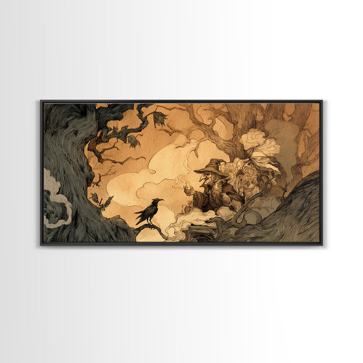 The Haunted Hayride, Gothic Storybook Art, Wide Panoramic Art, Dark Halloween Decor, Framed Canvas Print, Halloween Wall Art
