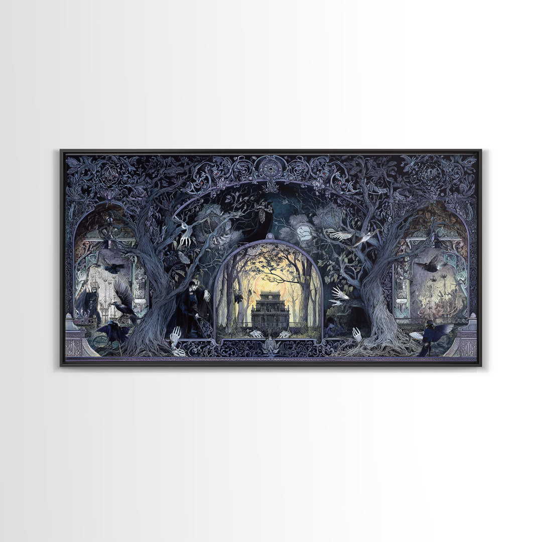 The Haunted Hayride, Stained Glass Gothic Art, Wide Panoramic Art, Gothic Horror Wall Art, Framed Canvas Print, Halloween Wall Art