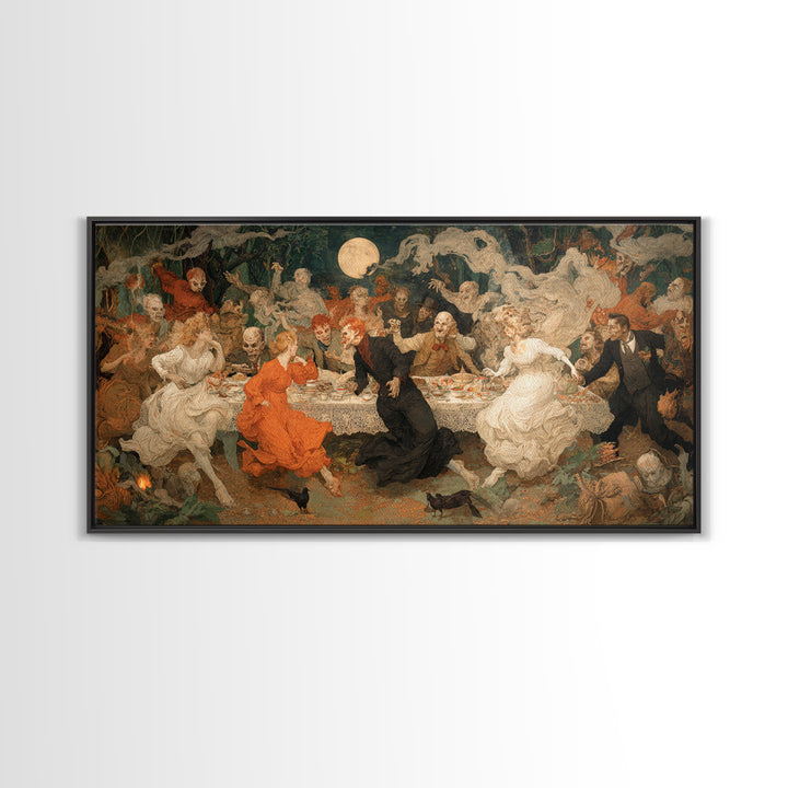 The Zombie Picnic, Northern Renaissance Horror, Wide Panoramic Art, Dark Fantasy Wall Art, Framed Canvas Print, Halloween Wall Art