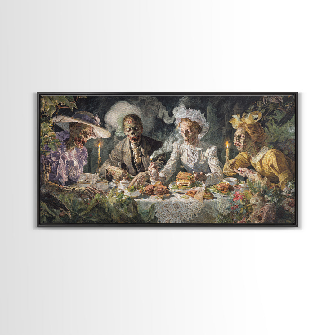 The Zombie Picnic, Dark Renaissance Art, Wide Panoramic Art, Dark Fantasy Wall Art, Framed Canvas Print, Halloween Wall Art