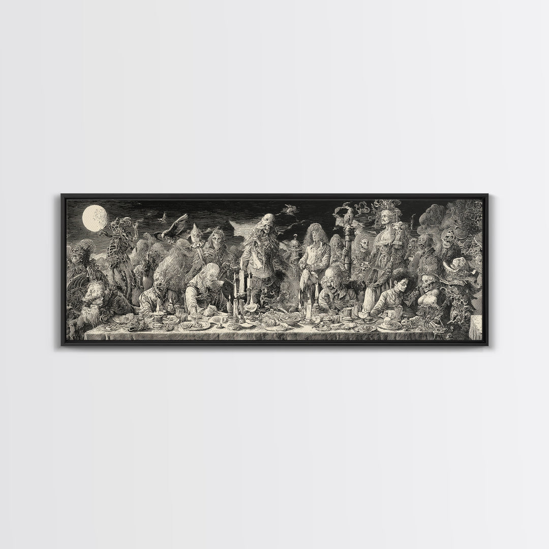 The Zombie Picnic, Renaissance Engraving Art, Extra Wide Wall Art, Dark Halloween Decor, Framed Canvas Print, Halloween Wall Art