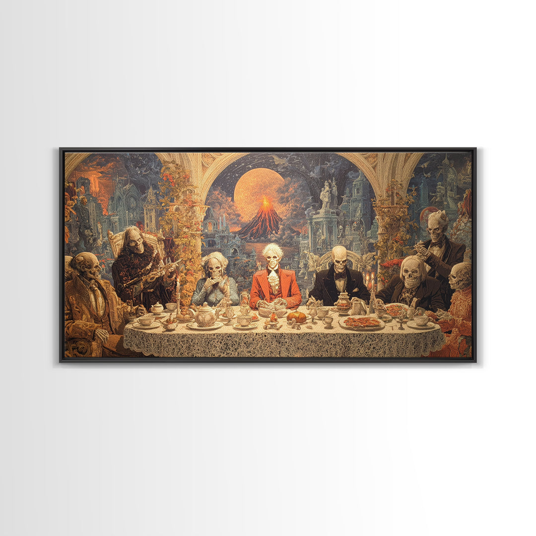 The Zombie Picnic, Apocalyptic Romantic Art, Wide Panoramic Art, Macabre Wall Art, Framed Canvas Print, Halloween Wall Art, Halloween Decor