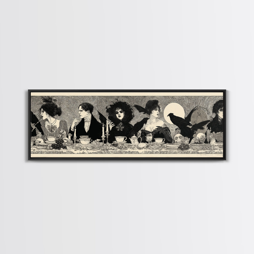 The Zombie Picnic, Decadent Line Art, Extra Wide Wall Art, Dark Halloween Decor, Framed Canvas Print, Halloween Wall Art
