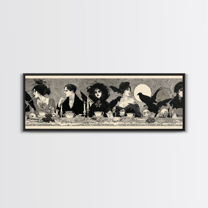 The Zombie Picnic, Decadent Line Art, Extra Wide Wall Art, Dark Halloween Decor, Framed Canvas Print, Halloween Wall Art
