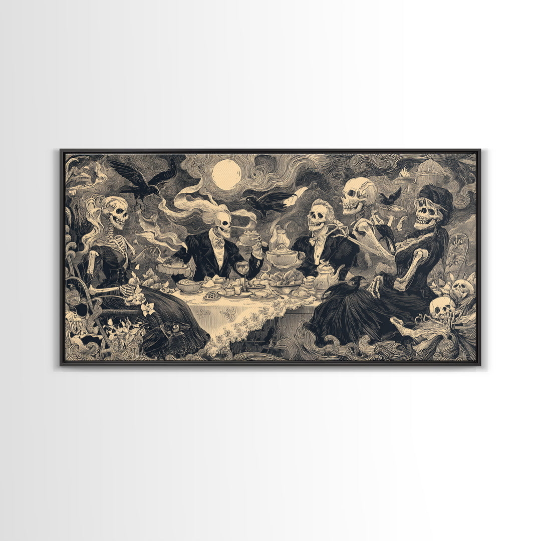 The Zombie Picnic, Macabre Folk Print Art, Wide Panoramic Art, Macabre Wall Art, Framed Canvas Print, Halloween Wall Art
