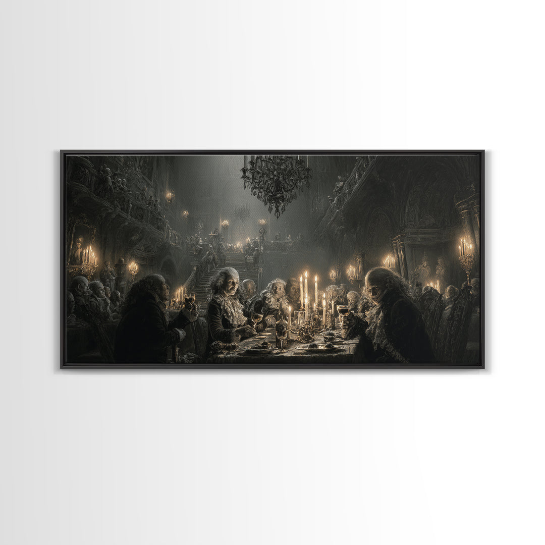The Vampire Banquet, Architectural Etching Art, Wide Panoramic Art, Gothic Horror Wall Art, Canvas Print, Halloween Wall Art