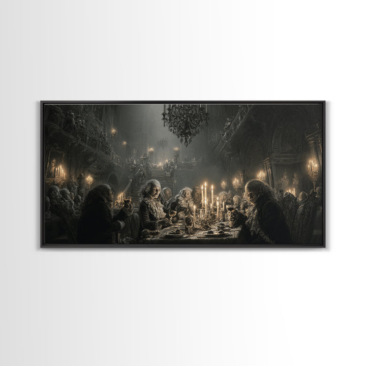 The Vampire Banquet, Architectural Etching Art, Wide Panoramic Art, Gothic Horror Wall Art, Canvas Print, Halloween Wall Art