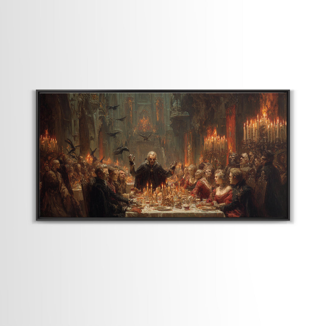 The Vampire Banquet, Apocalyptic Romantic Art, Wide Panoramic Art, Dark Fantasy Wall Art, Framed Canvas Print, Halloween Wall Art
