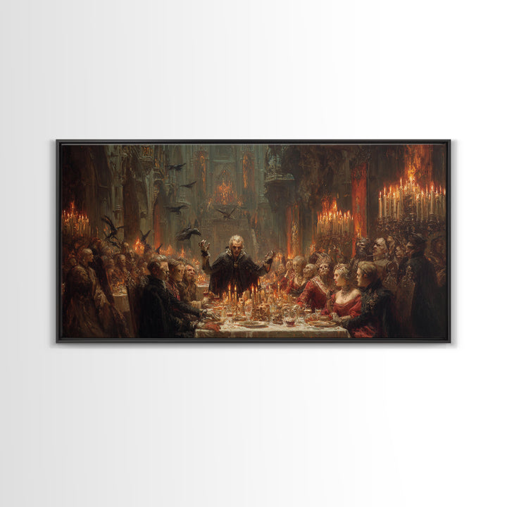 The Vampire Banquet, Apocalyptic Romantic Art, Wide Panoramic Art, Dark Fantasy Wall Art, Framed Canvas Print, Halloween Wall Art