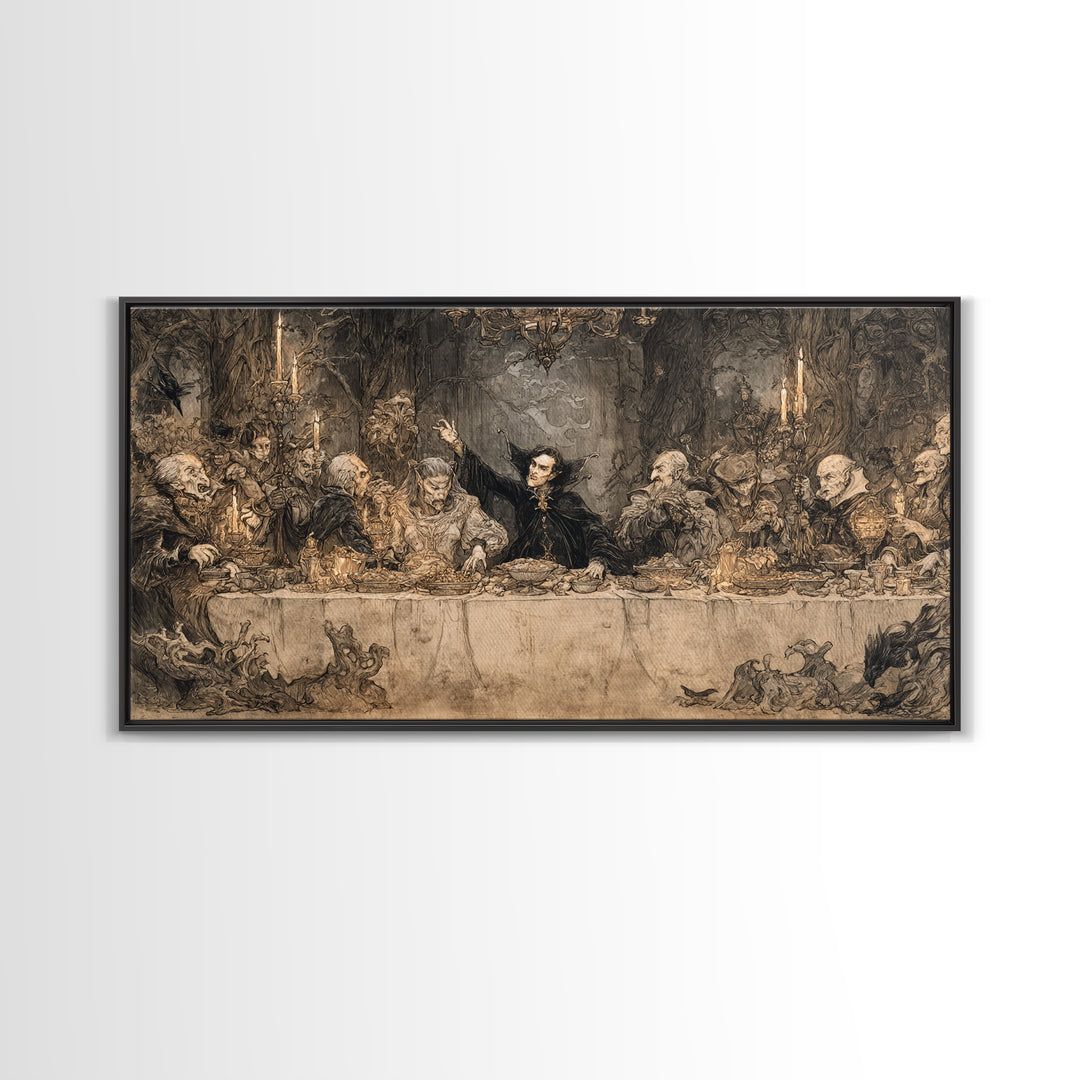 The Vampire Banquet, Gothic Storybook Art, Wide Panoramic Art, Dark Fantasy Wall Art, Canvas Print, Halloween Wall Art