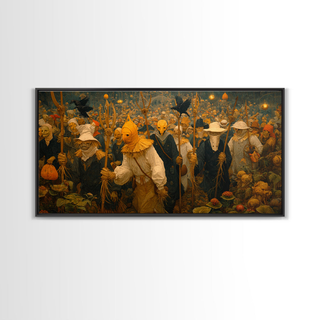 The Scarecrow Uprising, Medieval Grotesque Art, Wide Panoramic Art, Macabre Wall Art, Framed Canvas Print, Halloween Wall Art