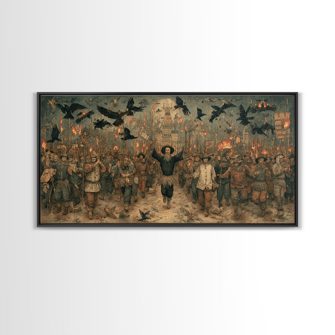 The Scarecrow Uprising, Northern Renaissance Horror, Wide Panoramic Art, Macabre Wall Art, Framed Canvas Print, Halloween Wall Art