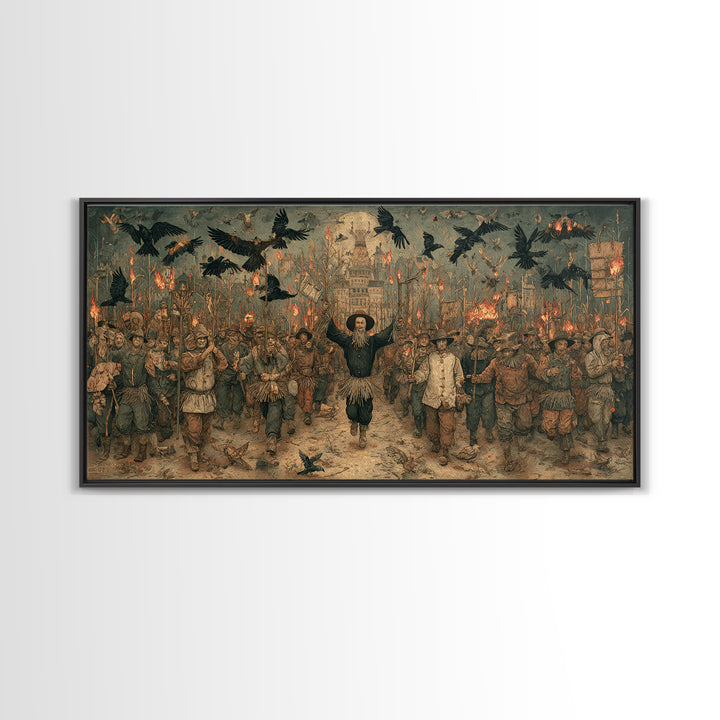 The Scarecrow Uprising, Northern Renaissance Horror, Wide Panoramic Art, Macabre Wall Art, Framed Canvas Print, Halloween Wall Art