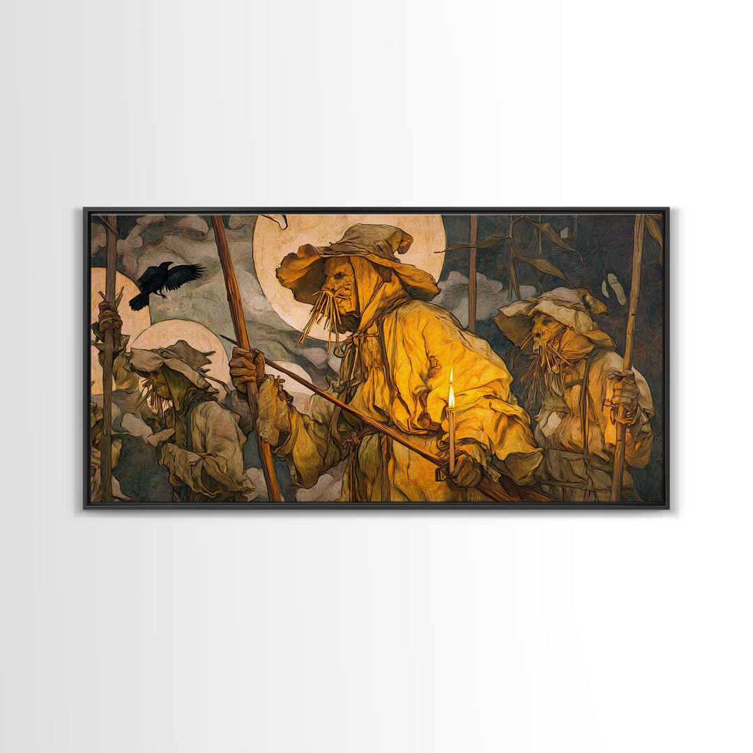 The Scarecrow Uprising, Dark Renaissance Art, Wide Panoramic Art, Dark Halloween Decor, Framed Canvas Print, Halloween Wall Art