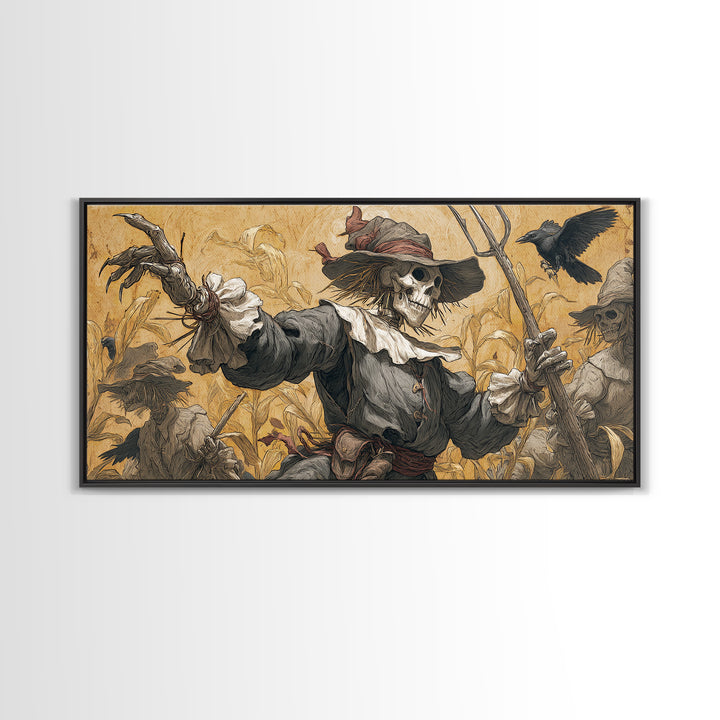 The Scarecrow Uprising, Danse Macabre Art, Wide Panoramic Art, Macabre Wall Art, Framed Canvas Print, Halloween Wall Art