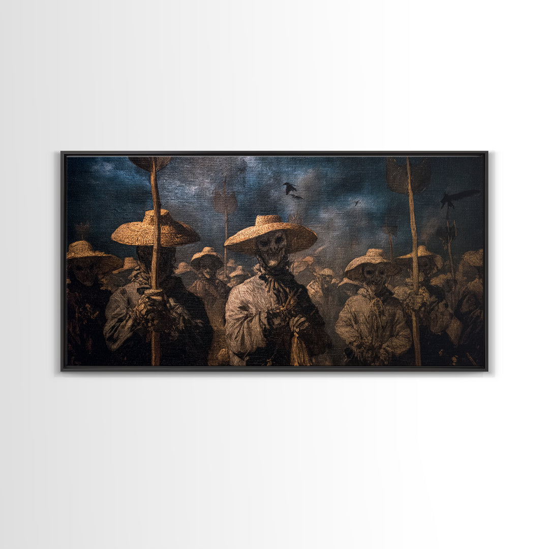 The Scarecrow Uprising, Dark Romantic Horror Art, Wide Panoramic Art, Macabre Wall Art, Framed Canvas Print, Halloween Wall Art