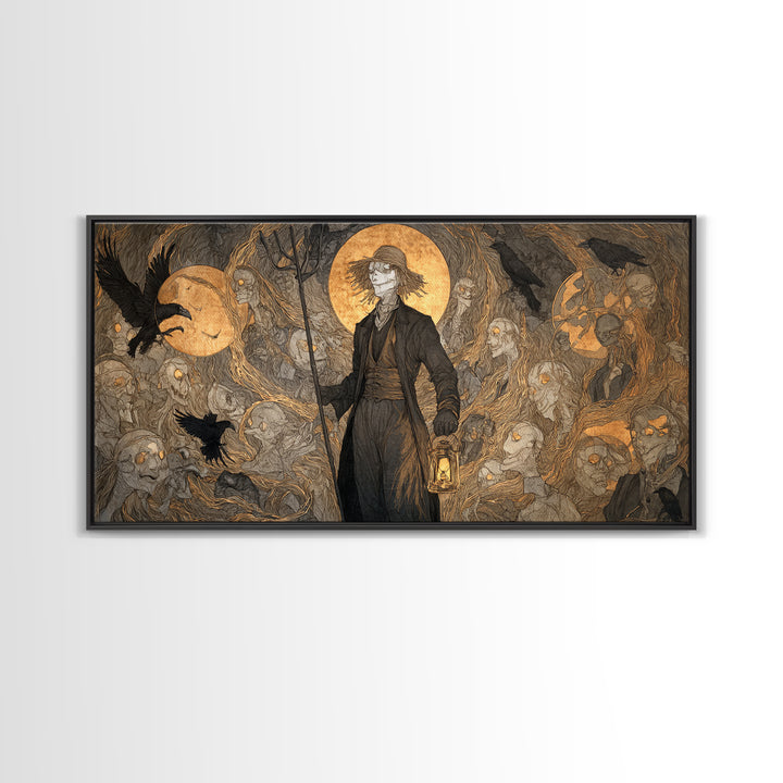The Scarecrow Uprising, Gothic Nightmare Art, Wide Panoramic Art, Dark Halloween Decor, Framed Canvas Print, Halloween Wall Art