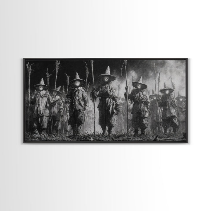 The Scarecrow Uprising, Symbolist Dream Art, Wide Panoramic Art, Dark Fantasy Wall Art, Framed Canvas Print, Halloween Wall Art