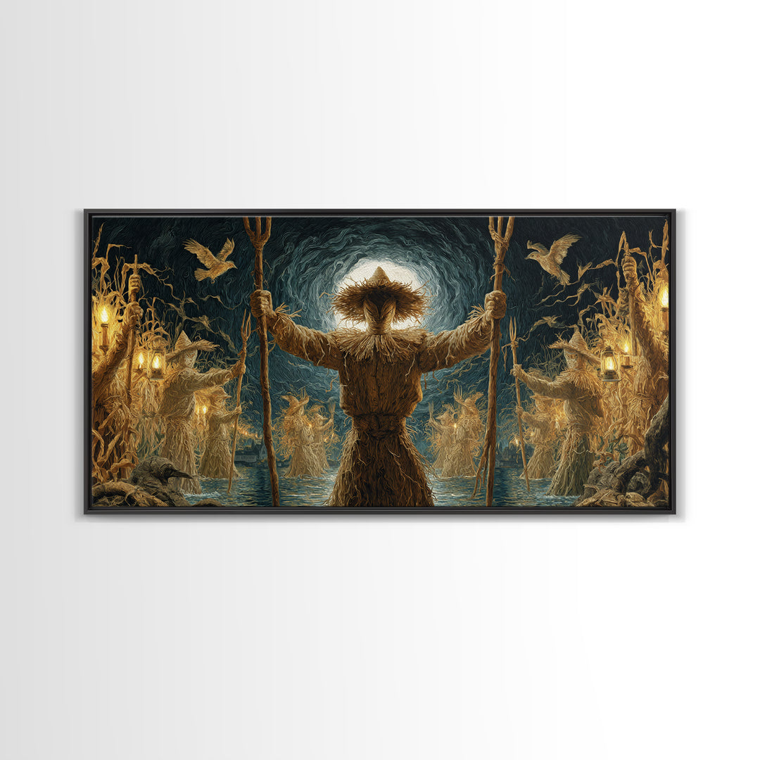 The Scarecrow Uprising, Symbolist Gothic Landscape, Wide Panoramic Art, Macabre Wall Art, Framed Canvas Print, Halloween Wall Art