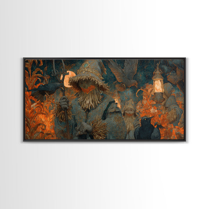 The Scarecrow Uprising, Ornate Symbolist Art, Wide Panoramic Art, Gothic Horror Wall Art, Framed Canvas Print, Halloween Wall Art