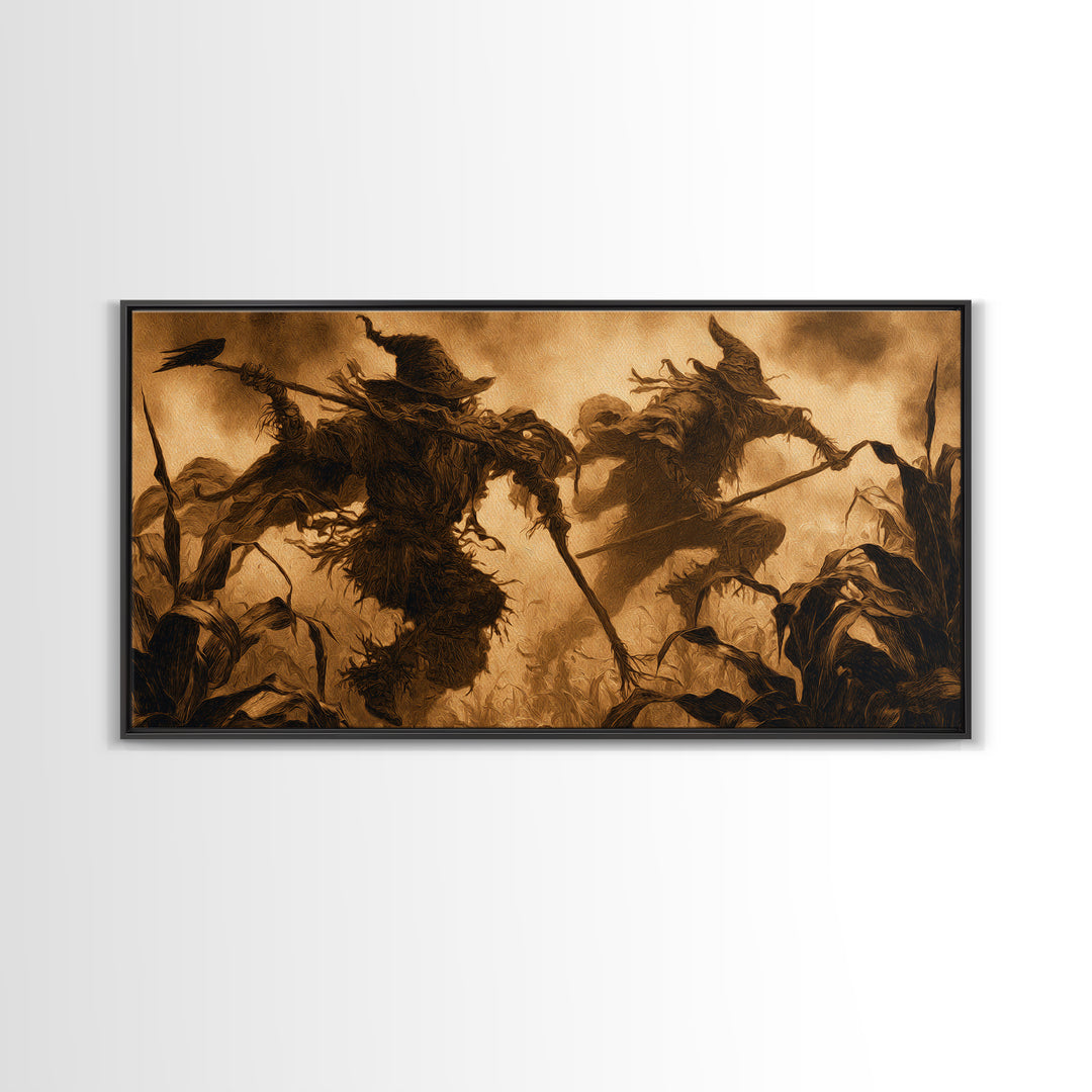 The Scarecrow Uprising, Dark Symbolist Art, Wide Panoramic Art, Macabre Wall Art, Framed Canvas Print, Halloween Wall Art
